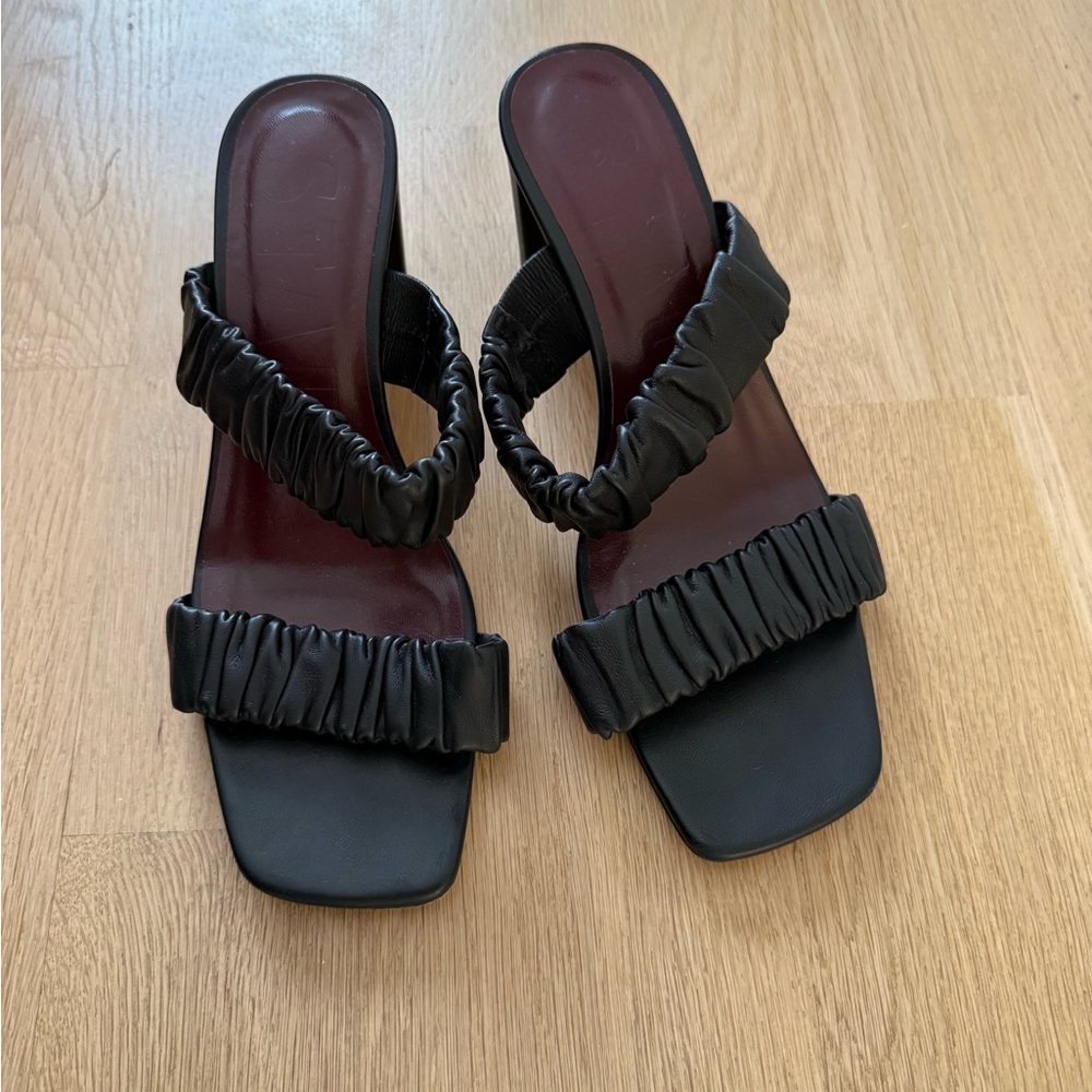 StaudBlack Ruched Strap Slip-On Heeled Sandals 7.5